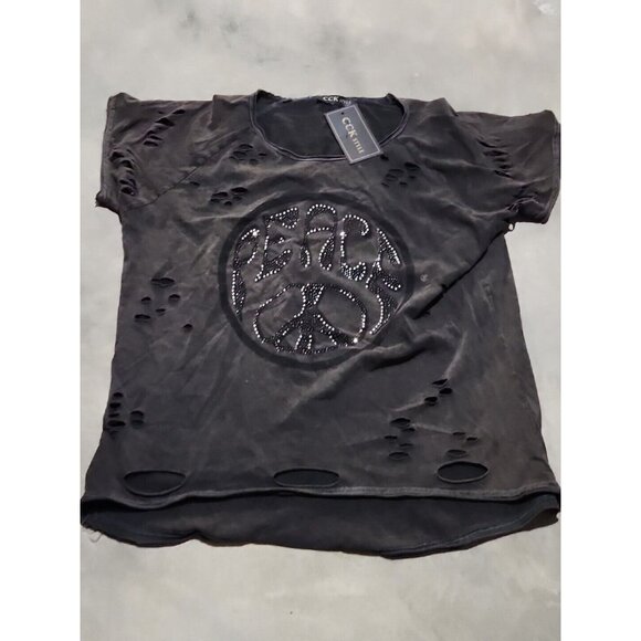 CCK Style Anthracite 'Peace' Bedazzled Distressed Tee Women's Size Lg/40 - Picture 3 of 5